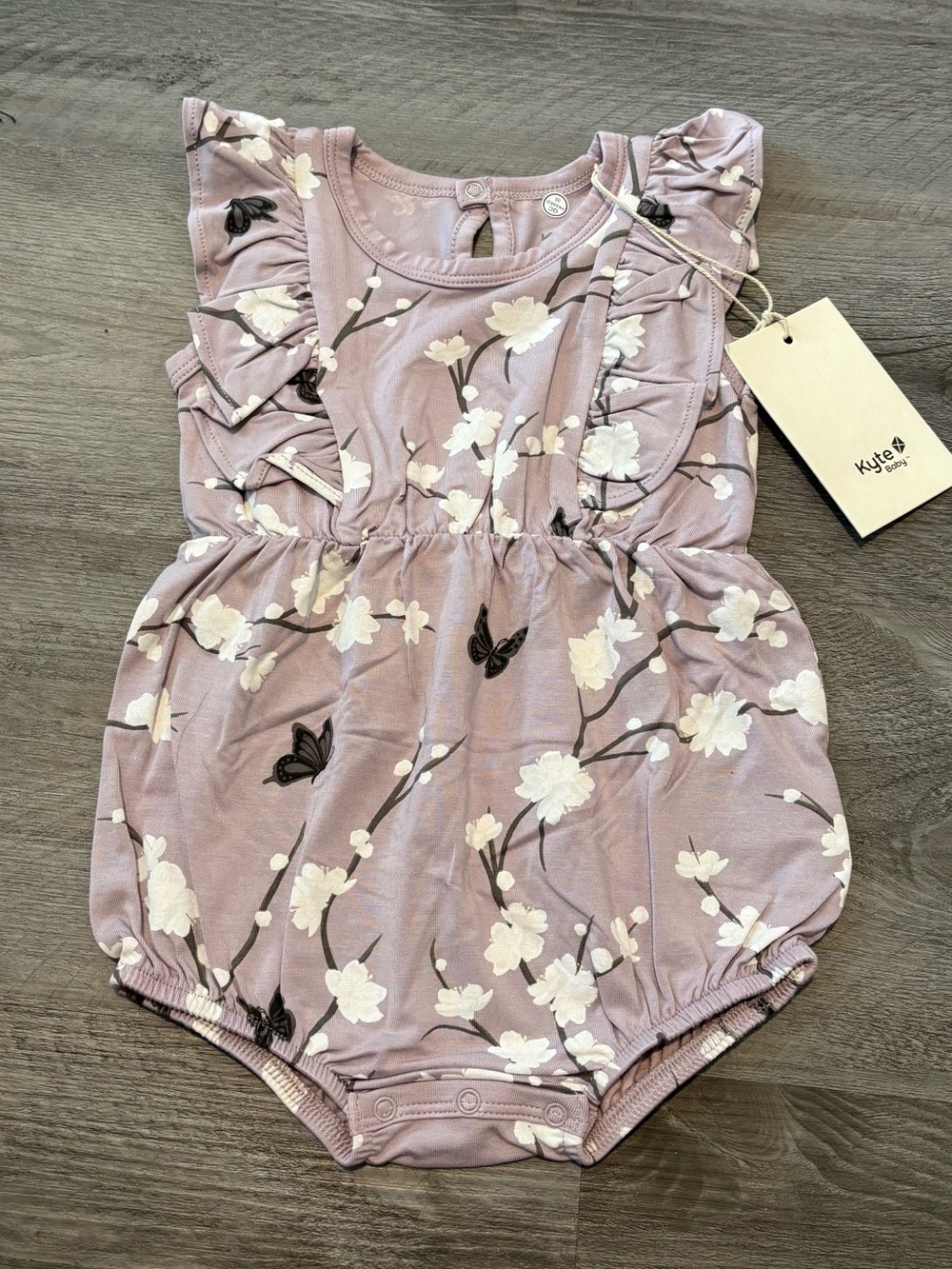 NEW Kyte BABY Mauve Floral & Butterfly Ruffle Romper cherry blossom